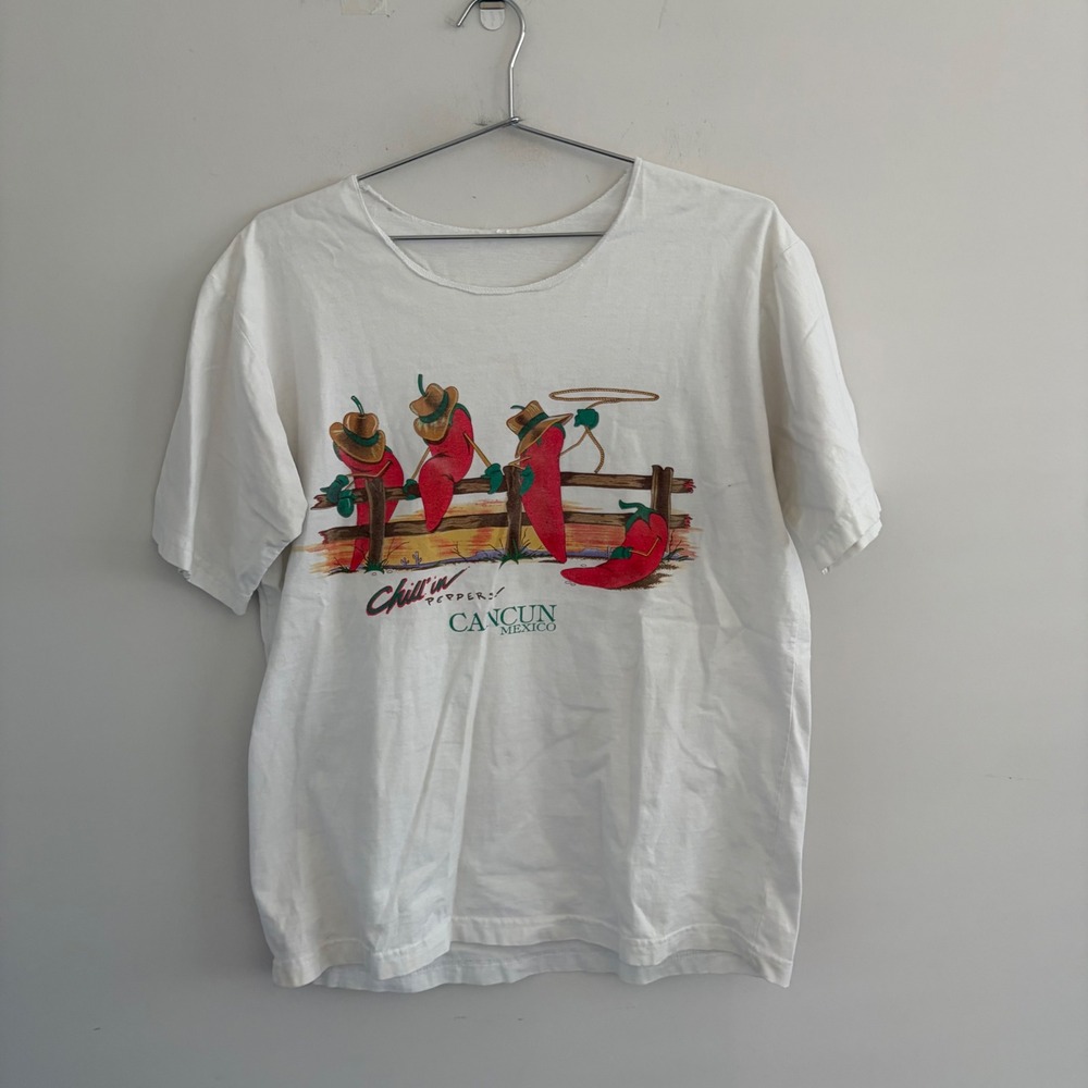Vintage Cancun Mexico Chill'in Peppers Graphic T-Shirt White Mens Large
